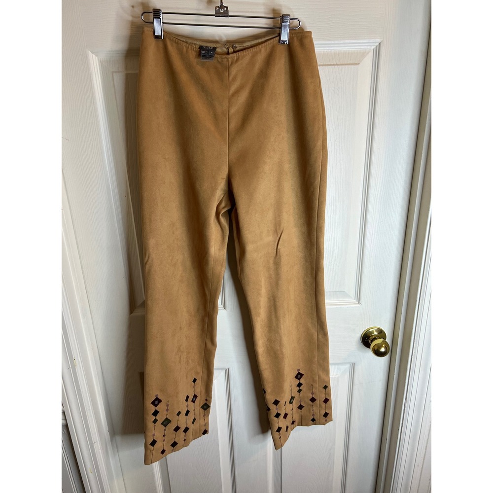 Muse 80's tan suede like pants size 4 embroidered geometric patterns near hem